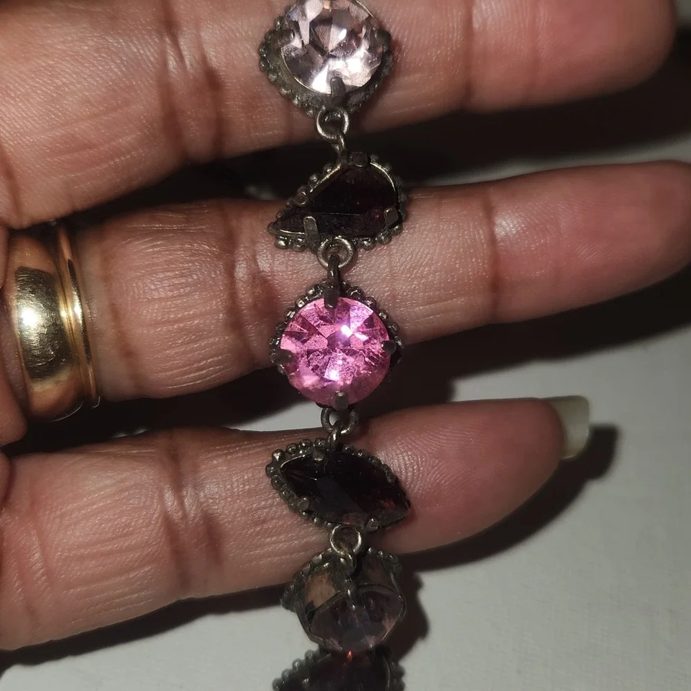 Vintage Style Pink purple Rhinestone Toggle Link Bracelet‎ Antiqued Silver Tone